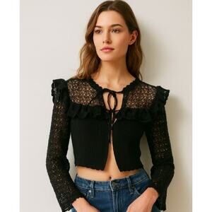 Zara Size S Tie Front Lace Ribbed Cropped Sweater coquette lace romantic ruffle